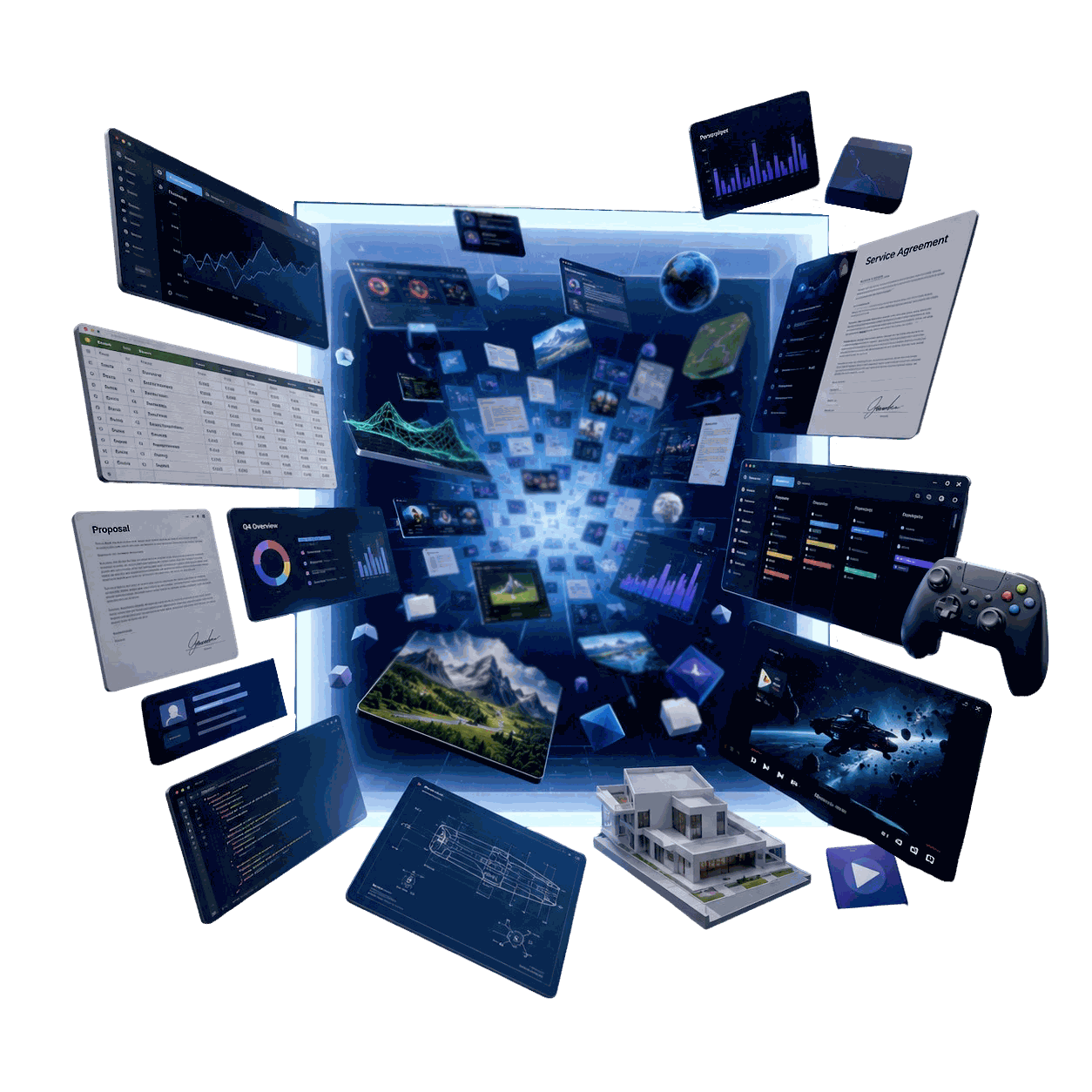 A sealed document with dashboards, 3D models, video, charts, and a signed agreement bursting out of one glowing screen